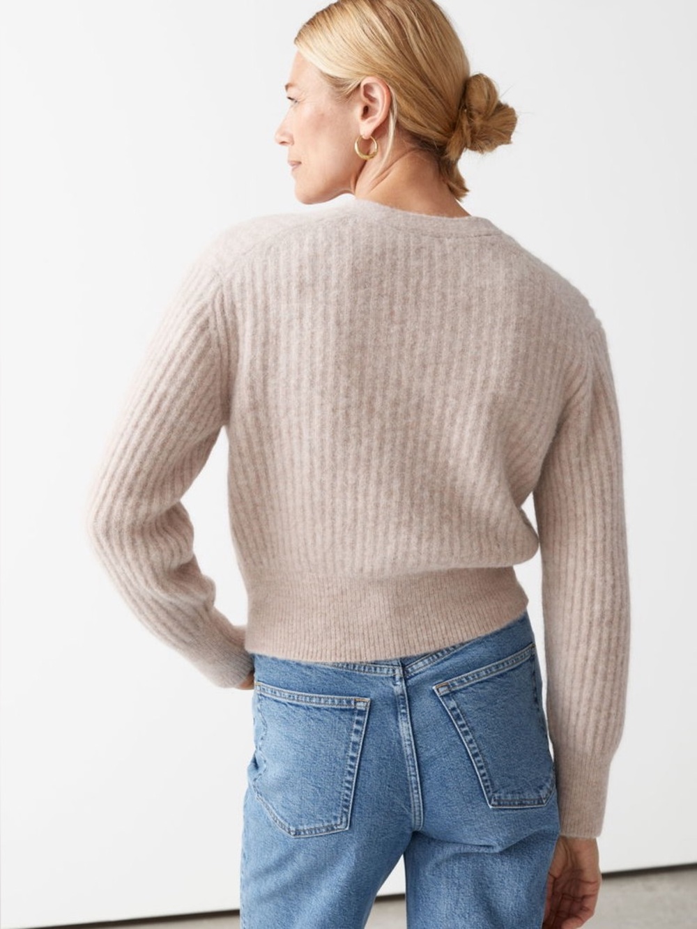& Other Stories Alpaca Wool Blend Cropped Ribbed Beige Cardigan Size Small - Picture 4 of 7